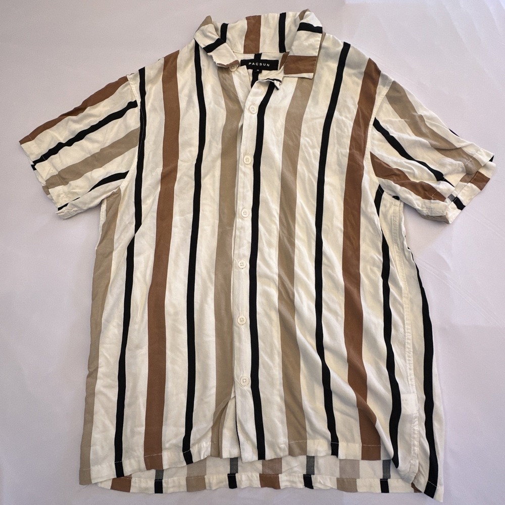 Pacsun Shirt Mens Medium Brown Rayon Stripe California Retro Bowler Y2K Summer